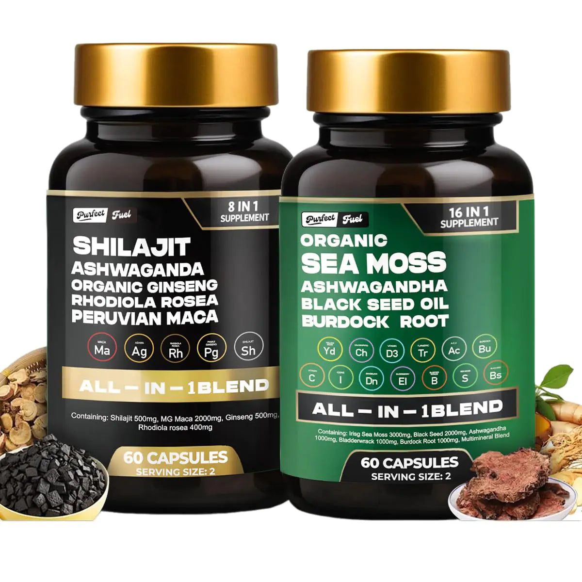 Purfect Fuel Organic Sea Moss and Shilajit Bundle Sea Moss Black Seed Oil Ashwagandha Ginger Blend Supplements for Immune Support Supplements for Men and Women 60 Capsules