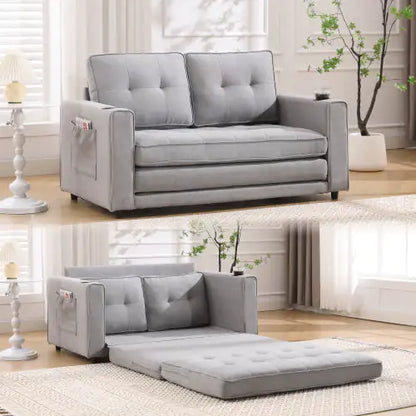 VIDEO Provided 3-in-1 Upholstered Futon Sofa Convertible Sofa Bed,Foldable Tufted Loveseat With Pull Out Sleeper Couch Bed