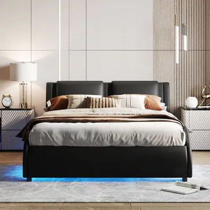 Queen Size Upholstered Faux Leather Platform Bed With LED Light Bed Frame With Slatted - Black