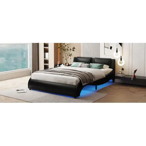 Full Size Upholstered Faux Leather Platform Bed With LED Light Bed Frame With Slatted - Black