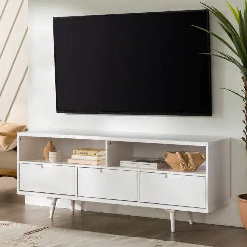 Mid-Century Modern 3-Drawer Solid Wood TV Stand For TVs Up To White