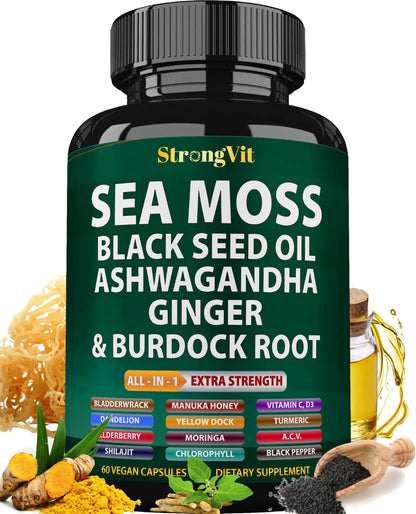 Sea Moss Black Seed Oil Ashwagandha Ginger Sea Moss Capsules with Burdock Root Organic Seamoss Pills Irish Sea Moss with Bladderwrack Turmeric Shilajit Multimineral Supplement USA