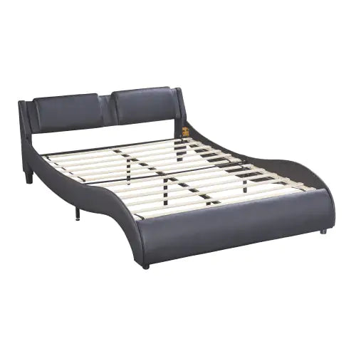 Full Size Upholstered Faux Leather Platform Bed With LED Light Bed Frame With Slatted - Black