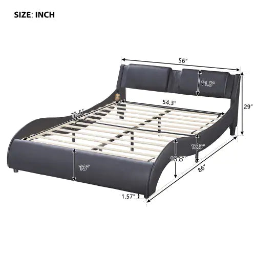 Full Size Upholstered Faux Leather Platform Bed With LED Light Bed Frame With Slatted - Black