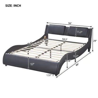 Full Size Upholstered Faux Leather Platform Bed With LED Light Bed Frame With Slatted - Black