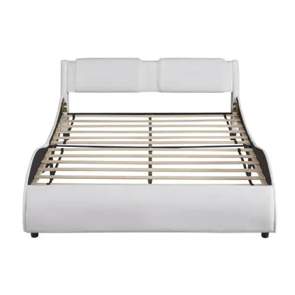 Queen Size Upholstered Faux Leather Platform Bed With LED Light Bed Frame With Slatted - White