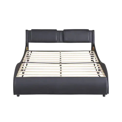 Full Size Upholstered Faux Leather Platform Bed With LED Light Bed Frame With Slatted - Black