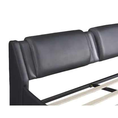 Queen Size Upholstered Faux Leather Platform Bed With LED Light Bed Frame With Slatted - Black