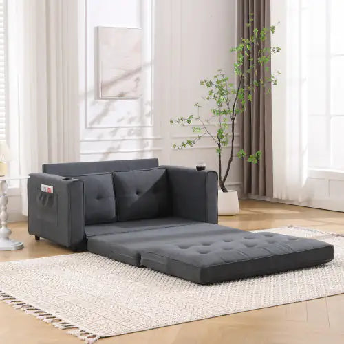 VIDEO Provided 3-in-1 Upholstered Futon Sofa Convertible Sofa Bed,Foldable Tufted Loveseat With Pull Out Sleeper Couch Bed