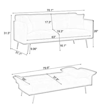 70.1 Futon Sofa Bed, Convertible Double Sofa Bed With Folding Armrests For Living Rooms And Small Spaces