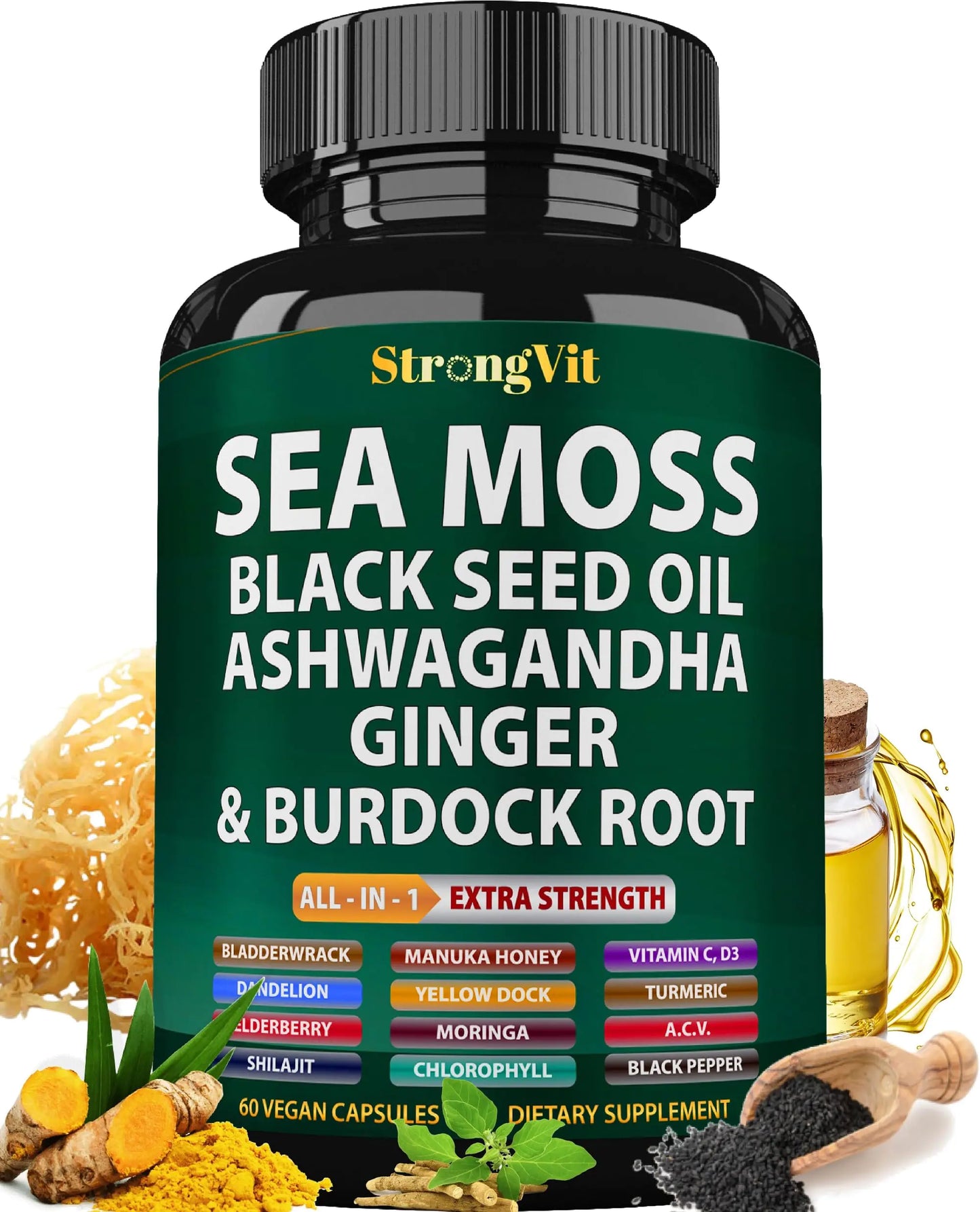 Sea Moss Black Seed Oil Ashwagandha Ginger Sea Moss Capsules with Burdock Root Organic Seamoss Pills Irish Sea Moss with Bladderwrack Turmeric Shilajit Multimineral Supplement USA